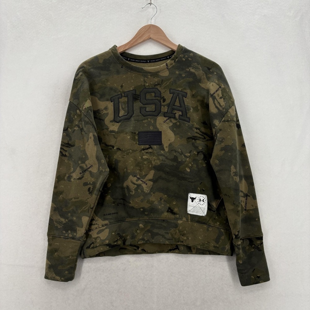 Under Armour Project Rock Sweatshirt Womens Small Green Camo USA Fleece Pullover